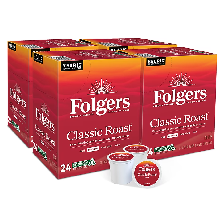 Folgers Classic Roast coffee, medium blend, available in boxes of 24 Keurig K-Cup Pods, with recyclable packaging.