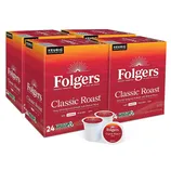 Folgers Classic Roast coffee, medium blend, available in boxes of 24 Keurig K-Cup Pods, with recyclable packaging.