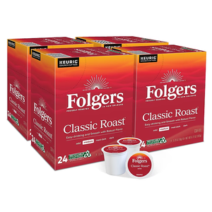 Folgers Classic Roast coffee, medium blend, available in boxes of 24 Keurig K-Cup Pods, with recyclable packaging.