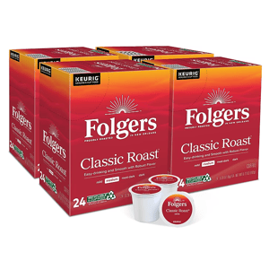 Folgers Classic Roast coffee, medium blend, available in boxes of 24 Keurig K-Cup Pods, with recyclable packaging.