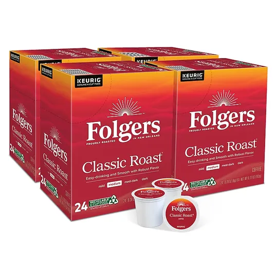 Folgers Classic Roast coffee, medium blend, available in boxes of 24 Keurig K-Cup Pods, with recyclable packaging.