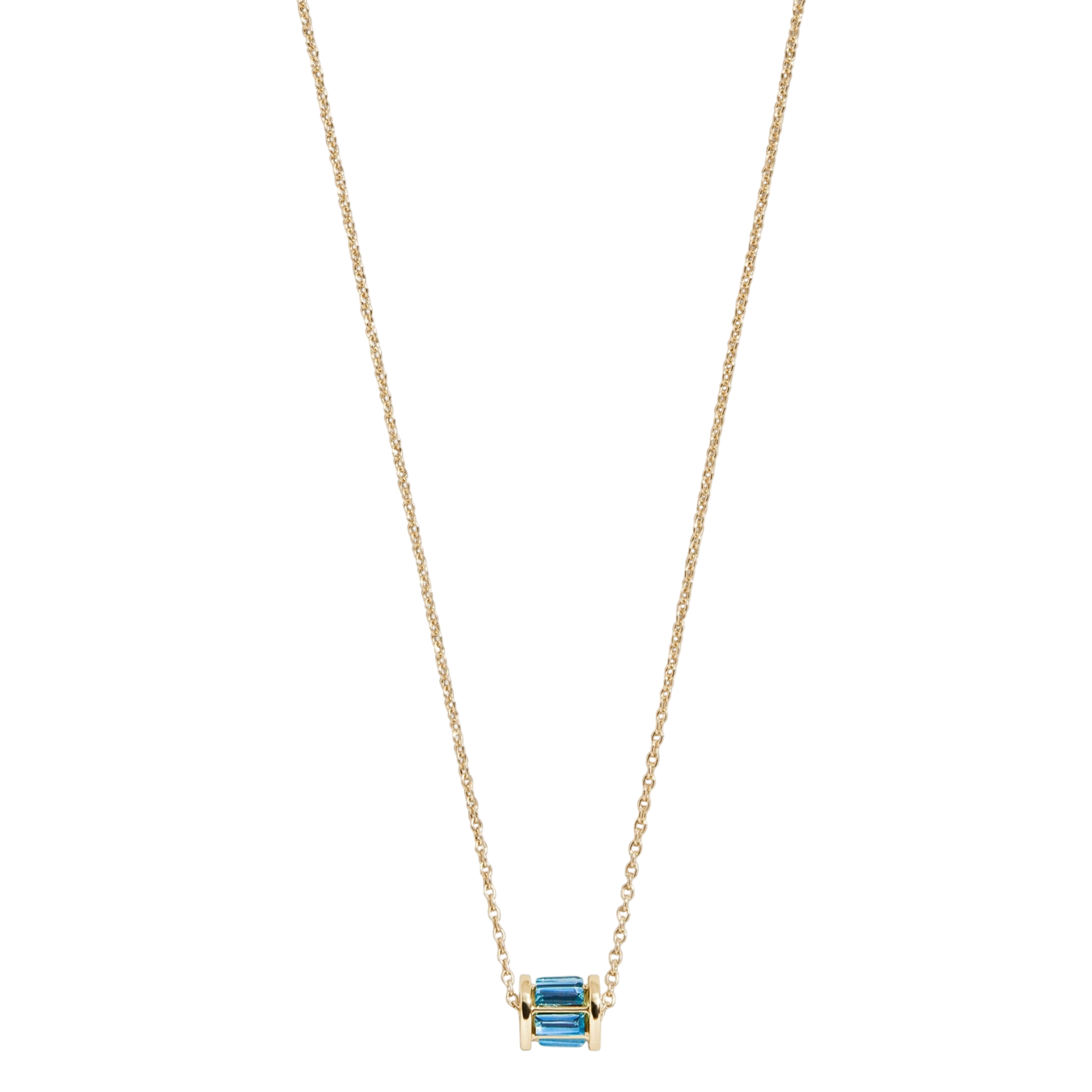 A gold chain necklace featuring a small, rectangular blue gemstone as its pendant.