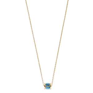 A gold chain necklace featuring a small, rectangular blue gemstone as its pendant.