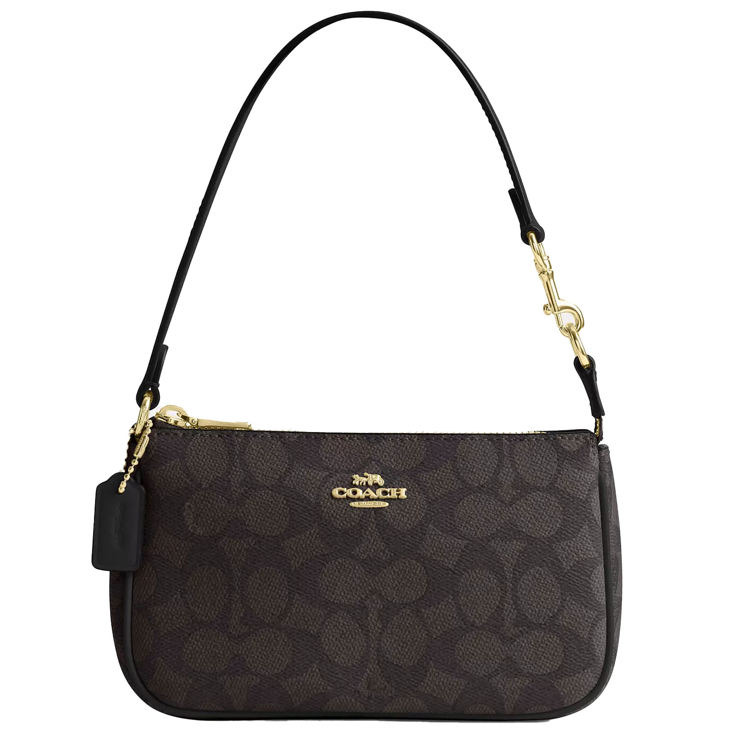 The Coach Outlet Nolita 19 Bag features a dark signature canvas with a gold-tone logo, a detachable leather strap, and a zip-top closure, accented with gold hardware.