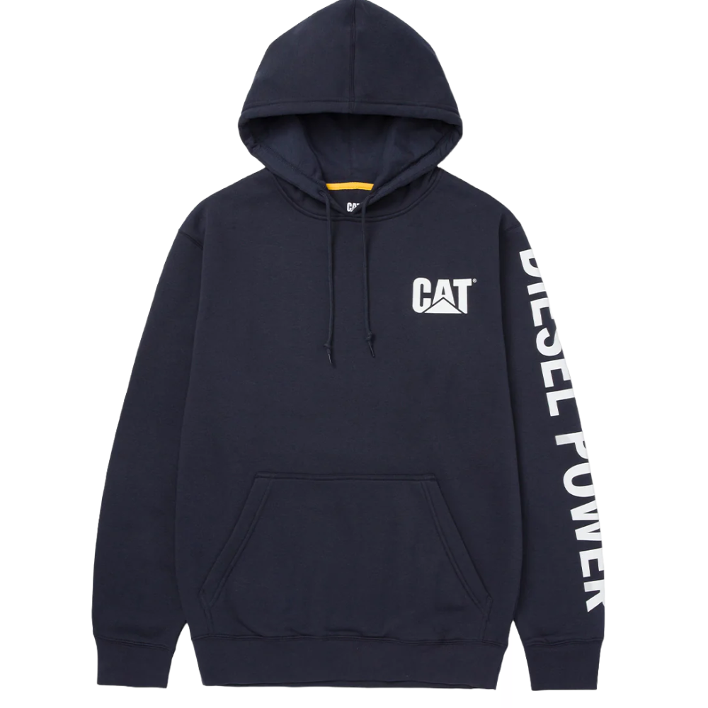 A navy blue hoodie featuring the \“CAT\“ logo on the chest and \“Diesel Power\“ text on the sleeve, with a front pocket and drawstring hood.