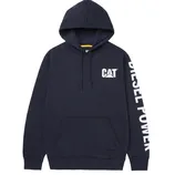 A navy blue hoodie featuring the \“CAT\“ logo on the chest and \“Diesel Power\“ text on the sleeve, with a front pocket and drawstring hood.
