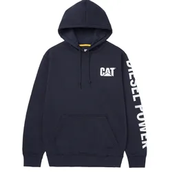 A navy blue hoodie featuring the \“CAT\“ logo on the chest and \“Diesel Power\“ text on the sleeve, with a front pocket and drawstring hood.