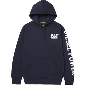 A navy blue hoodie featuring the \“CAT\“ logo on the chest and \“Diesel Power\“ text on the sleeve, with a front pocket and drawstring hood.