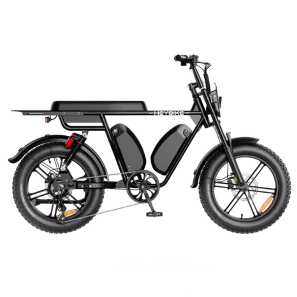 A black e-bike with fat tires, dual battery compartments, and a flat rear cargo rack.