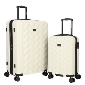 A 2-piece Roberto Cavalli luggage set features two white suitcases with a quilted pattern, each equipped with four swivel wheels and black retractable handles. The larger suitcase offers more capacity, while the smaller one is suitable for carry-on.