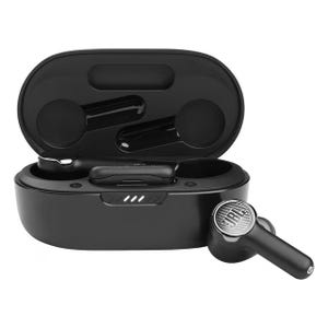 Black JBL wireless earbuds with a charging case featuring a visible JBL logo, LED battery indicators, and a compact design.