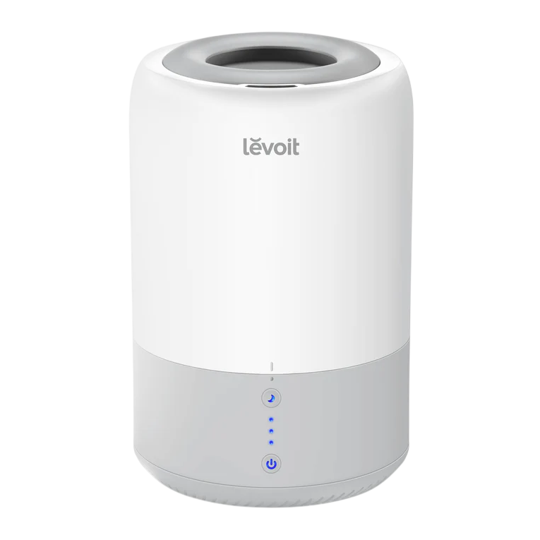 A white Levoit air purifier with minimalist design, featuring touch controls and LED indicators on the lower half.