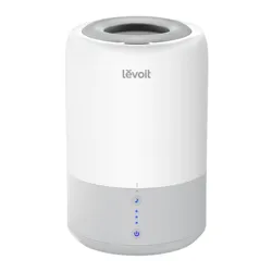A white Levoit air purifier with minimalist design, featuring touch controls and LED indicators on the lower half.