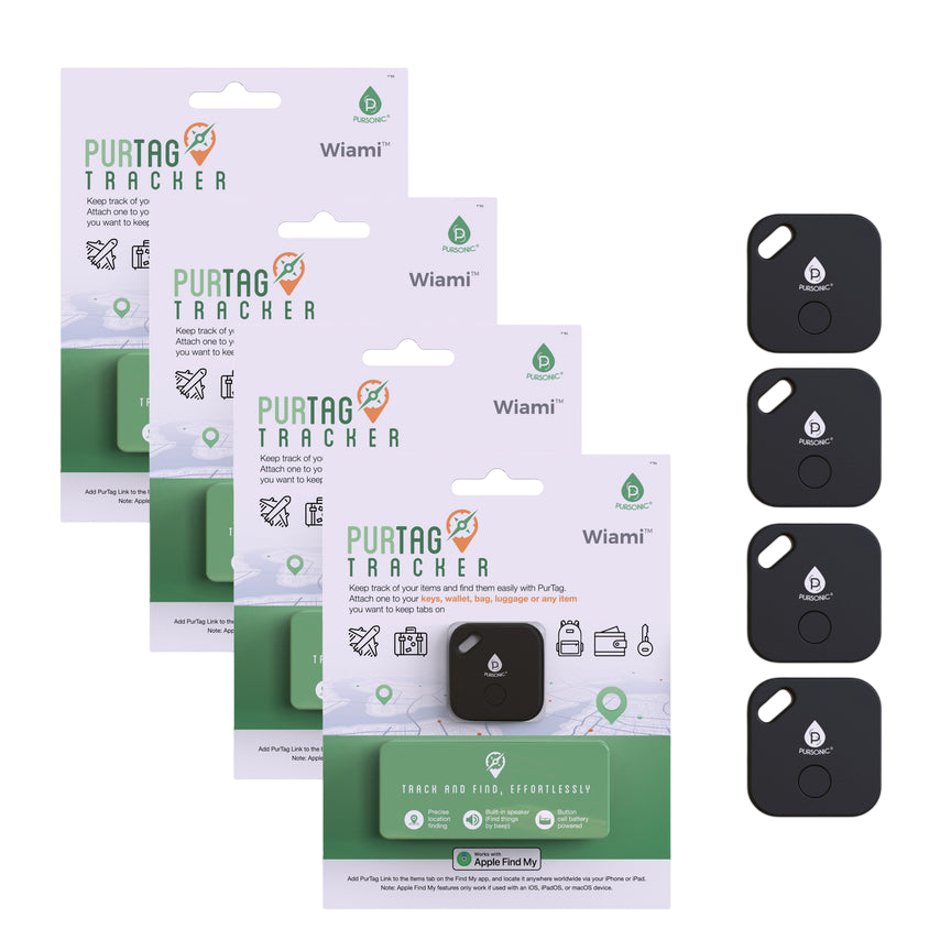 PURTAG Tracker by WIAMI is shown with four packages each containing a black tracking device and four standalone black devices designed for tracking items via Apple Find My network.