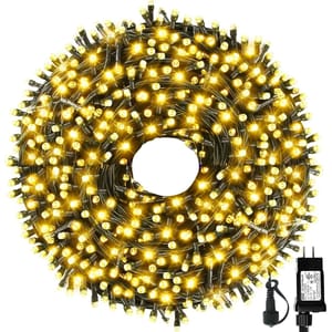 Two-pack of 105-foot warm white LED string lights with a black wire, featuring a compact design and plug-in adapter for easy connection. Ideal for decorating indoor or outdoor spaces.