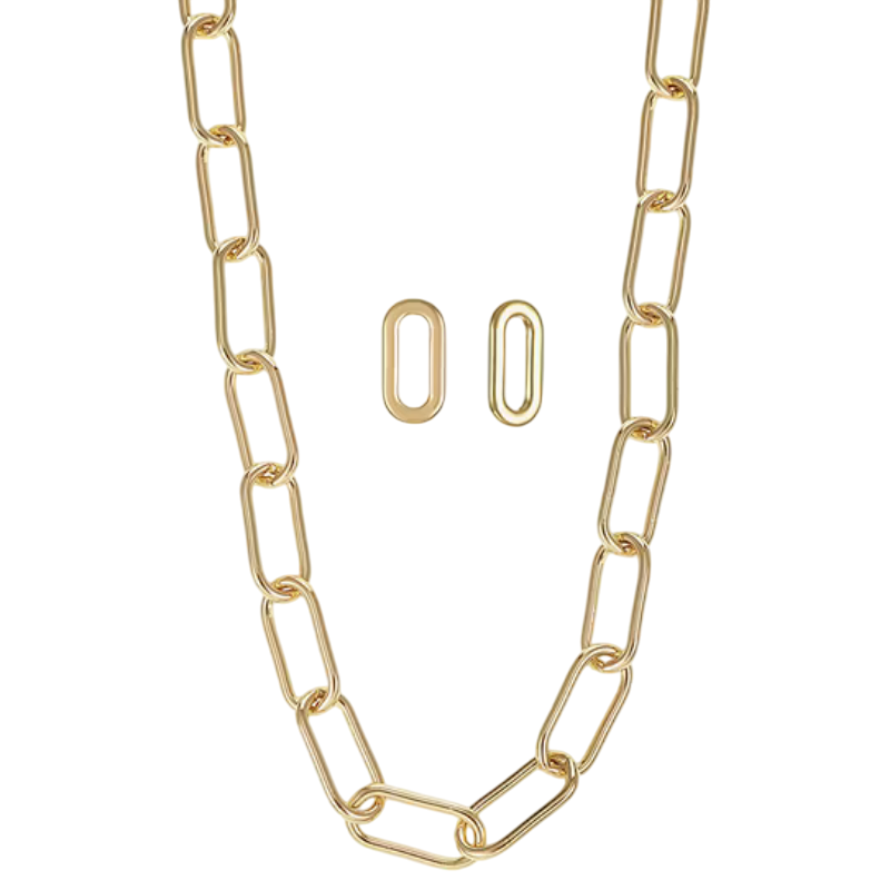 Gold paperclip chain necklace with matching oval-shaped earrings.