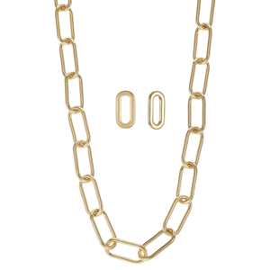 Gold paperclip chain necklace with matching oval-shaped earrings.