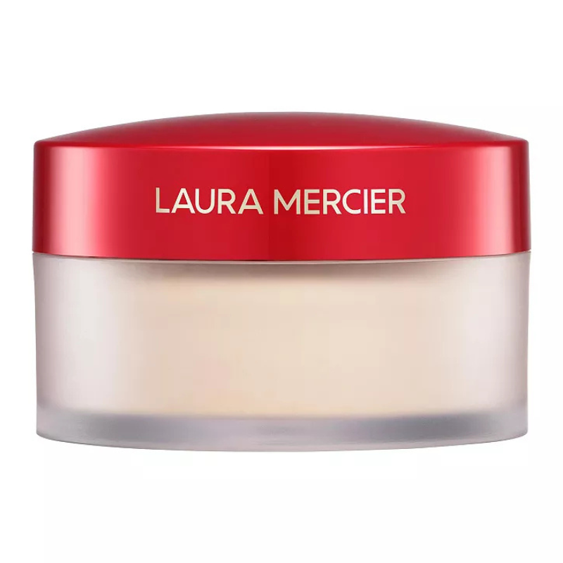 Laura Mercier Translucent Loose Setting Powder with a red lid and brand label on the side, known for its lightweight texture and matte finish.