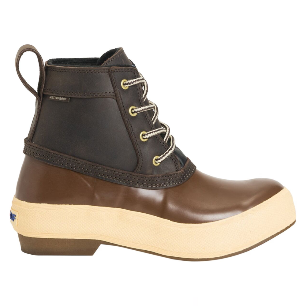 A brown waterproof boot with a high-ankle design, featuring a rubber lower section, leather upper, lace-up front, and a loop at the back for easy handling.