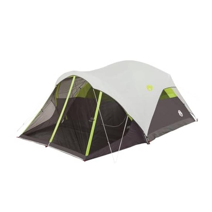 A large, multi-room camping tent with a white and gray rainfly and bright green supports, designed for outdoor use.