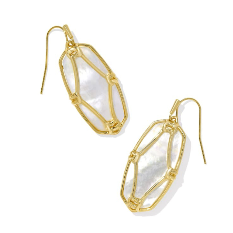 Gold drop earrings featuring an elongated, geometric lattice frame with an iridescent mother-of-pearl inlay.