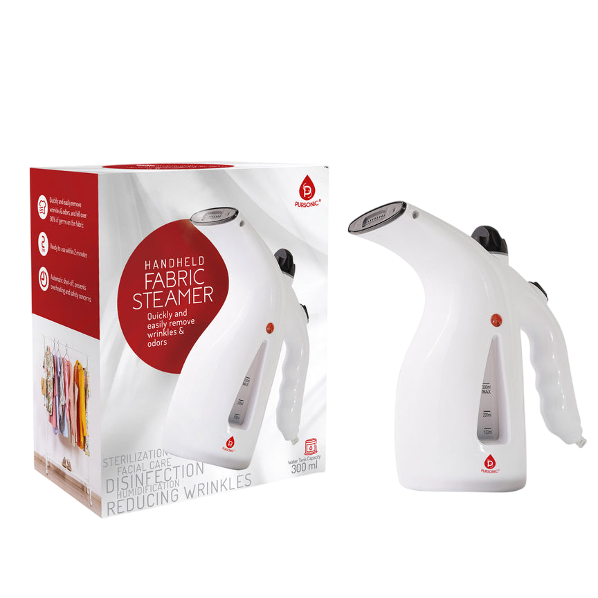 Handheld fabric steamer with a 300ml water tank, designed to quickly remove wrinkles and odors. The box highlights features like rapid heating and automatic shut-off.