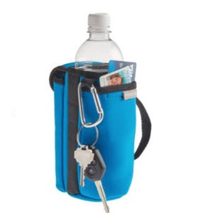 A blue insulated water bottle holder with a pocket, a carabiner, and a set of keys attached.