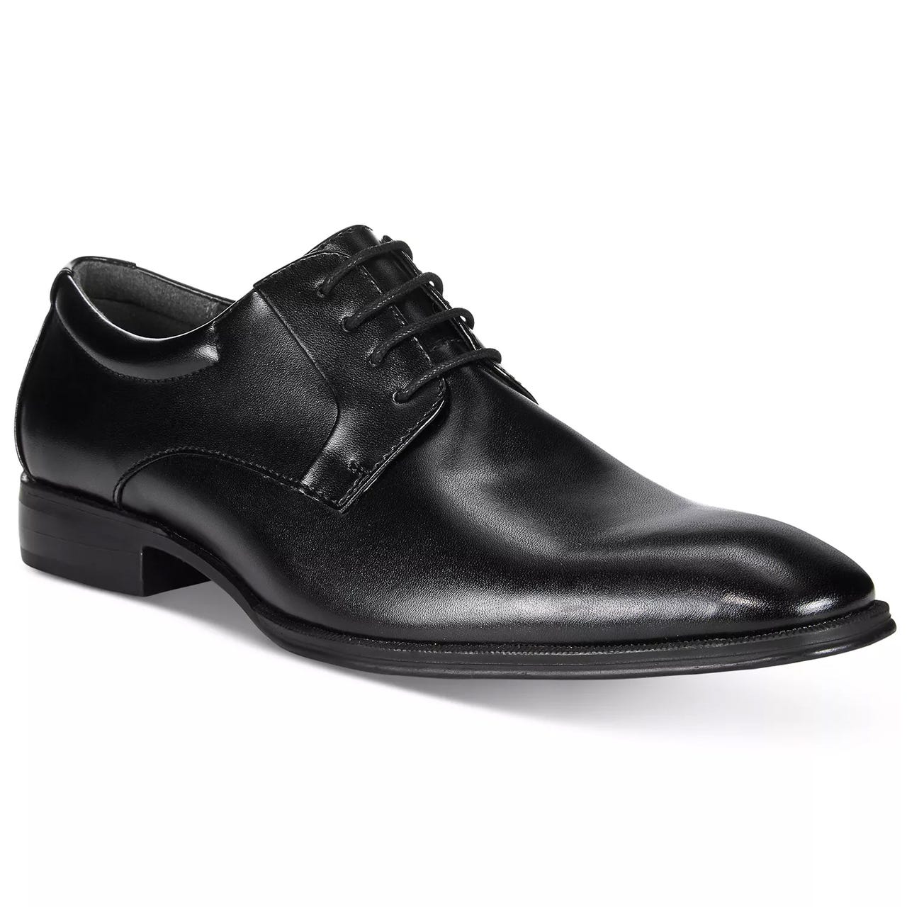 Black leather dress shoe with a sleek design, featuring a lace-up closure and a low heel.