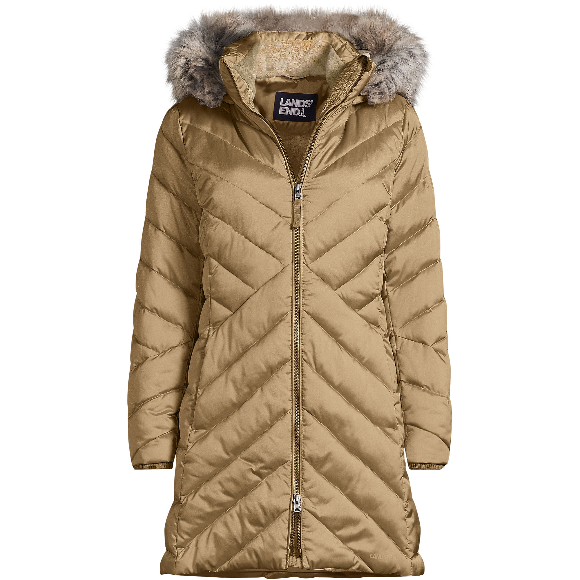 A Lands' End insulated winter coat, olive green in color, with a chevron quilted design, full front zipper, and a detachable faux fur-lined hood.
