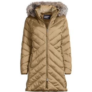 A Lands' End insulated winter coat, olive green in color, with a chevron quilted design, full front zipper, and a detachable faux fur-lined hood.