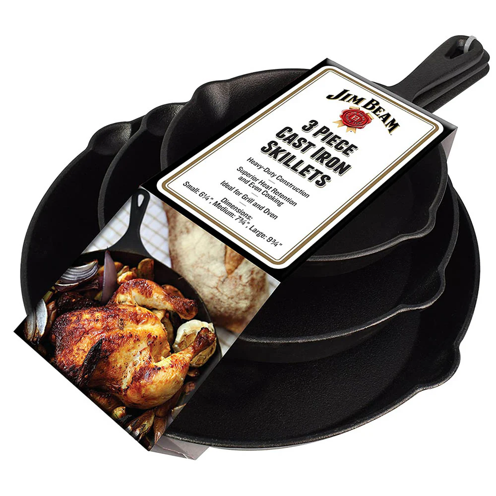 Jim Beam 3-piece cast iron skillet set with sizes: Small 6.5\“, Medium 7.9\“, Large 9.4\“. Suitable for grill and oven, featuring heavy-duty construction and superior heat retention.