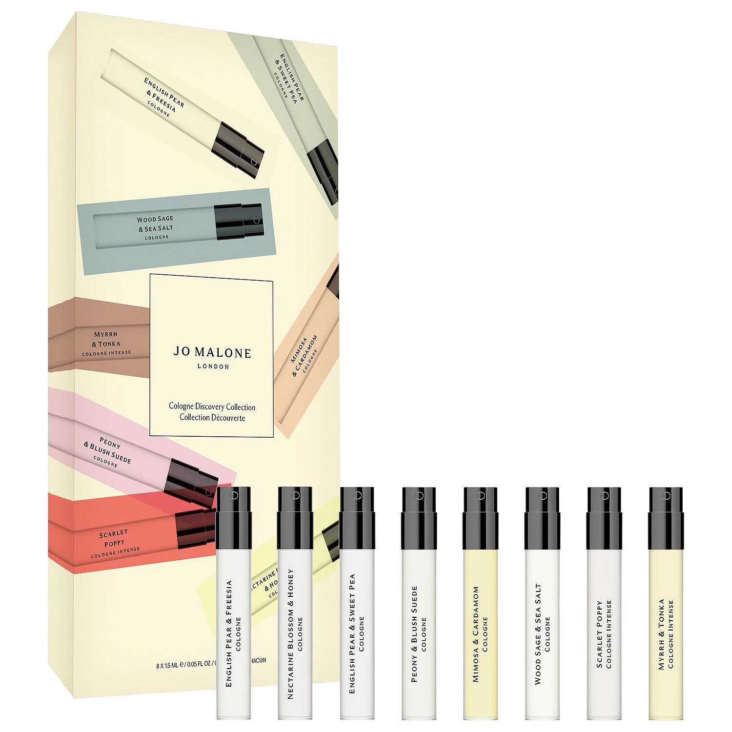 Jo Malone London Cologne Discovery Collection includes eight 1.5ml scents: English Pear & Freesia, Nectarine Blossom & Honey, English Pear & Sweet Pea, Peony & Blush Suede, Mimosa & Cardamom, Wood Sage & Sea Salt, Scarlet Poppy, and Myrrh & Tonka.