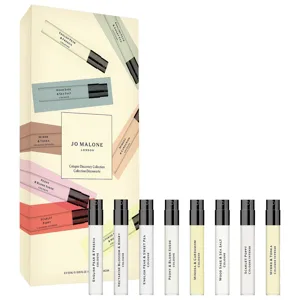 Jo Malone London Cologne Discovery Collection includes eight 1.5ml scents: English Pear & Freesia, Nectarine Blossom & Honey, English Pear & Sweet Pea, Peony & Blush Suede, Mimosa & Cardamom, Wood Sage & Sea Salt, Scarlet Poppy, and Myrrh & Tonka.