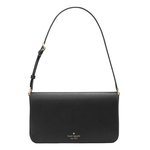 A black Kate Spade New York shoulder bag with a sleek, rectangular design and adjustable strap.