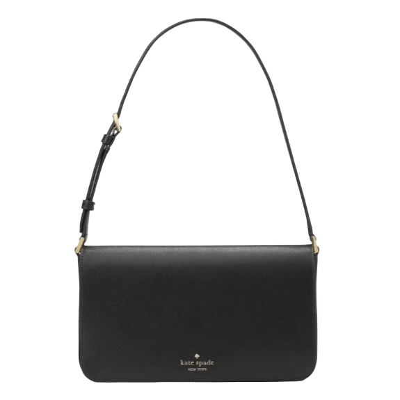 A black Kate Spade New York shoulder bag with a sleek, rectangular design and adjustable strap.