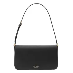 A black Kate Spade New York shoulder bag with a sleek, rectangular design and adjustable strap.