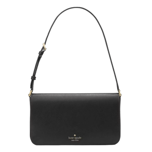 A black Kate Spade New York shoulder bag with a sleek, rectangular design and adjustable strap.