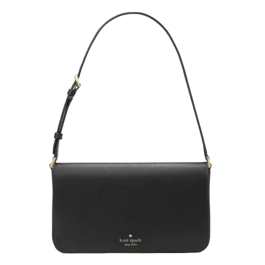A black Kate Spade New York shoulder bag with a sleek, rectangular design and adjustable strap.