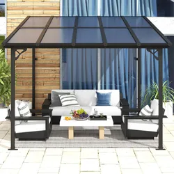 A patio seating area with a modern pergola features a couch and two armchairs with striped cushions, a coffee table with fruit and drinks, set on a tiled floor near a potted plant, against a wooden and glass backdrop.