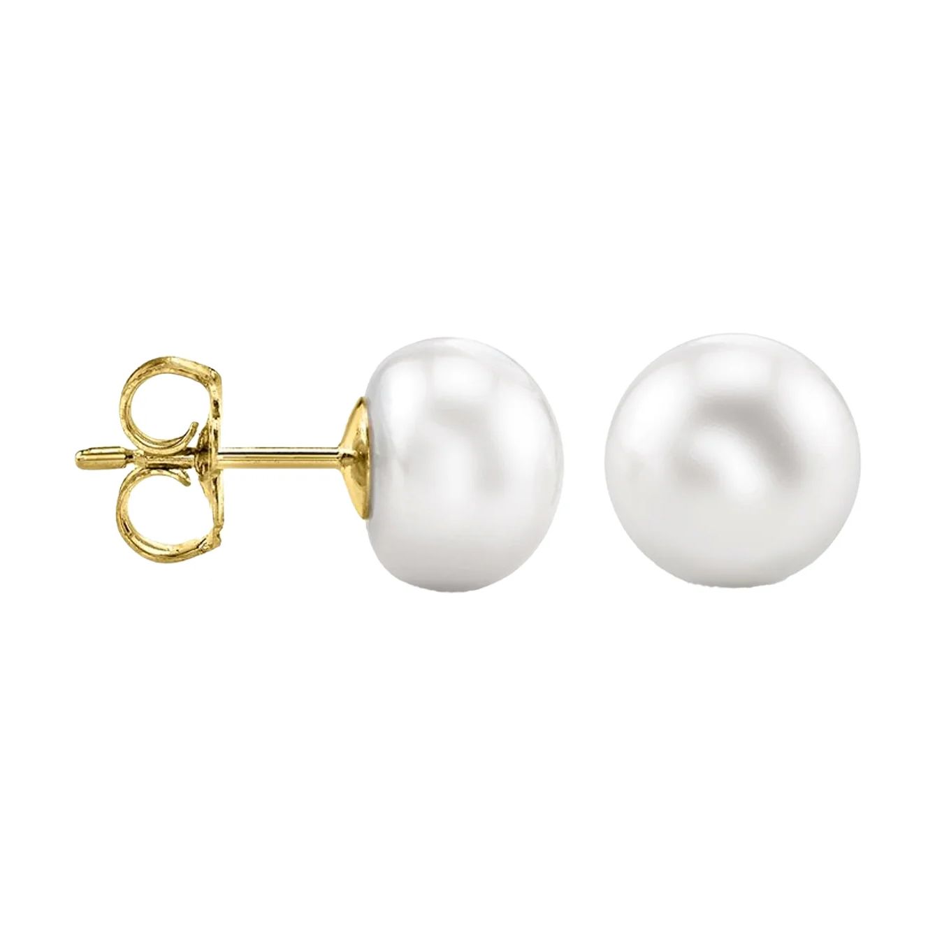 Pair of gold stud earrings featuring white pearls.