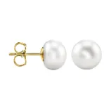 Pair of gold stud earrings featuring white pearls.