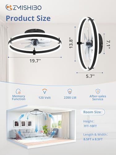 Ceiling fan light fixture with dimensions: 19.7\“ diameter, 13.8\“ height, 5.7\“ depth. Suitable for 7-10 ft high rooms, covering 8.5 ft x 8.5 ft. Features memory function, 120V, 2200 lumens, and after-sales service.