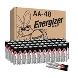 Box of 48 Energizer Max AA batteries is shown, with batteries lined up in front and a cartoon bunny with sunglasses on the box.