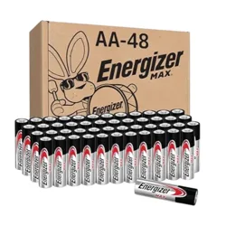 Box of 48 Energizer Max AA batteries is shown, with batteries lined up in front and a cartoon bunny with sunglasses on the box.