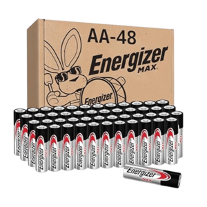 Box of 48 Energizer Max AA batteries is shown, with batteries lined up in front and a cartoon bunny with sunglasses on the box.