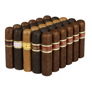 A collection of premium cigars with various wrappers, including dark and light finishes, featuring labels with branding such as \“Cain\“ and \“nub.\“