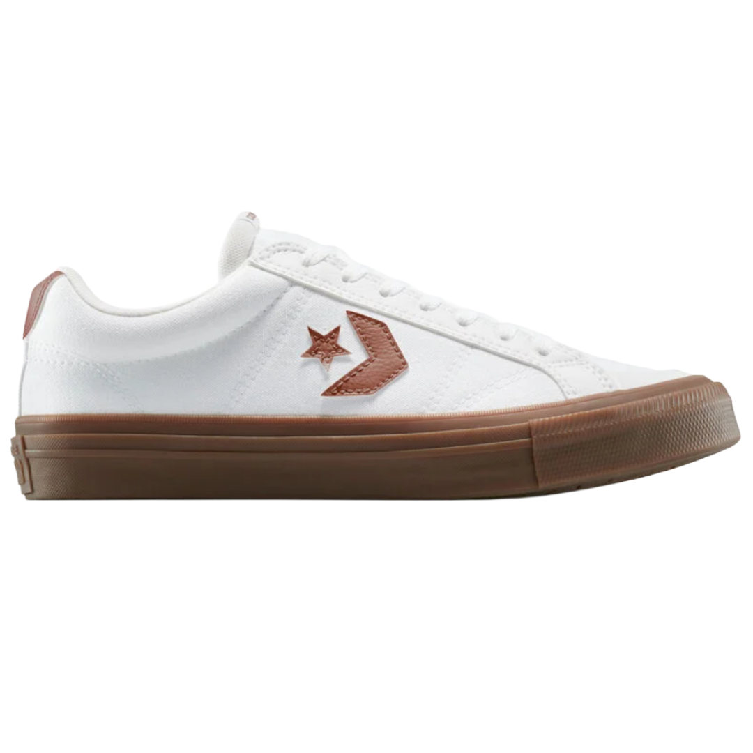 White low-top sneaker with brown gum sole and brown star-chevron logo.