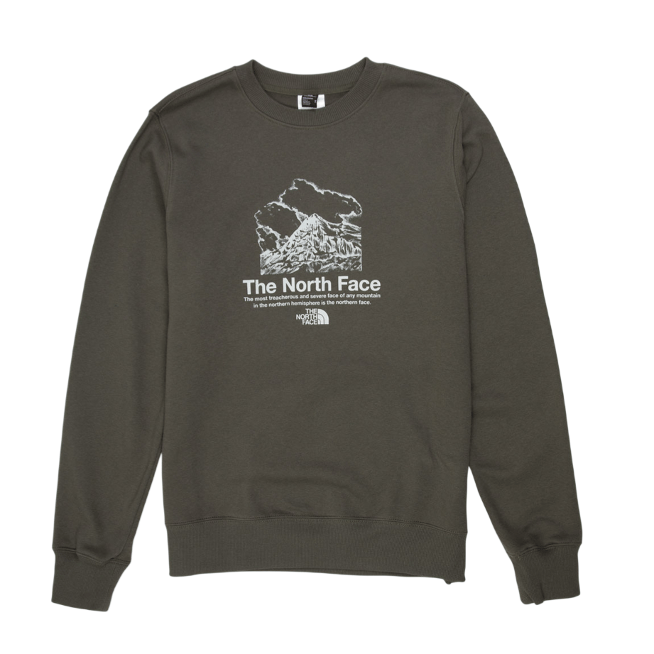 A dark green sweatshirt featuring The North Face logo and a mountain graphic, along with the text about the northern face of mountains.