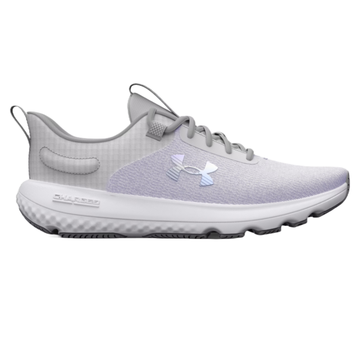 Under Armour Women's Revitalize Shoes feature a sleek design with a light gray color, subtle checkered heel pattern, and iridescent logo. They have a cushioned sole labeled \“CHARGED\“ for enhanced comfort and performance.