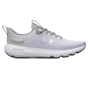 Under Armour Women's Revitalize Shoes feature a sleek design with a light gray color, subtle checkered heel pattern, and iridescent logo. They have a cushioned sole labeled \“CHARGED\“ for enhanced comfort and performance.